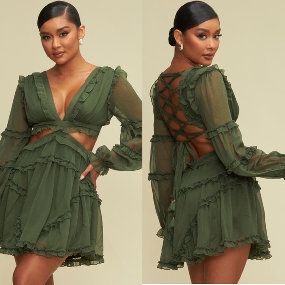 Olive Lace Up Mini Dress - Picture 8 of 8